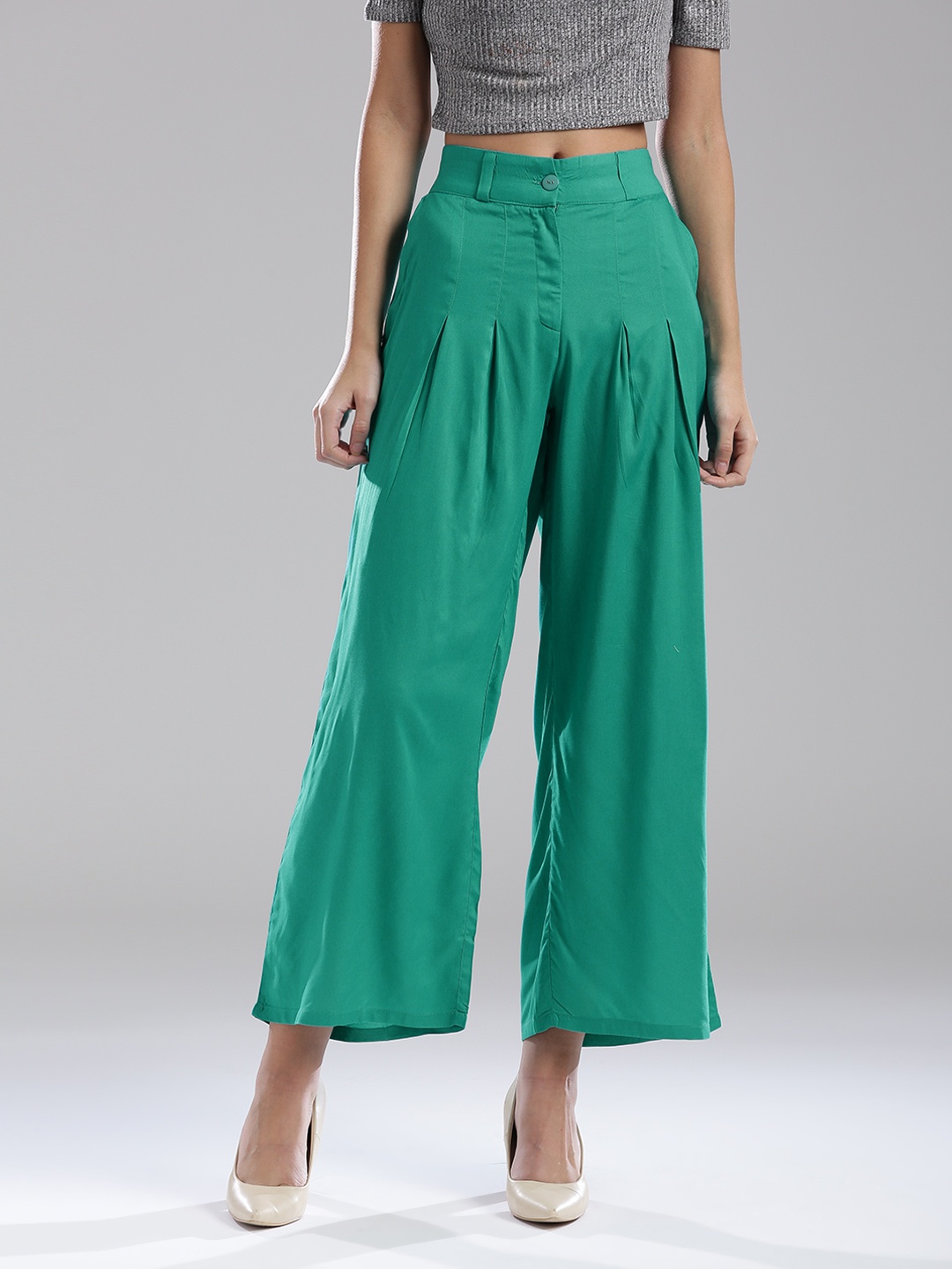 

W Sea Green Pleated Ankle-Length Palazzo Trousers