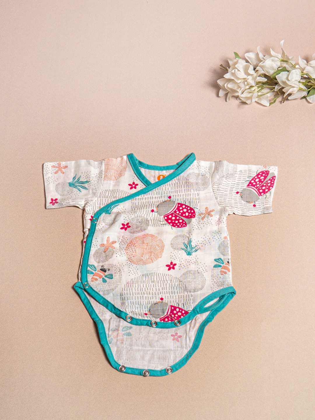 

OOKA Kids White & Green Ladybird Print Cotton Muslin Romper