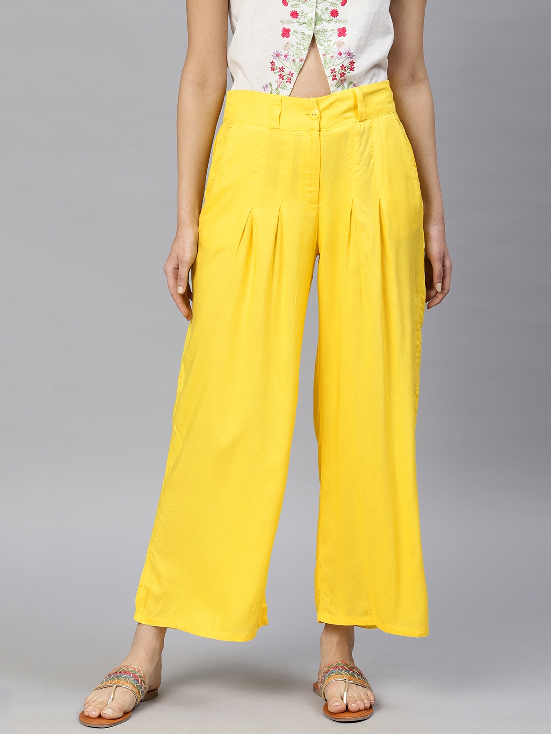 

W Yellow Solid Pleated Palazzos