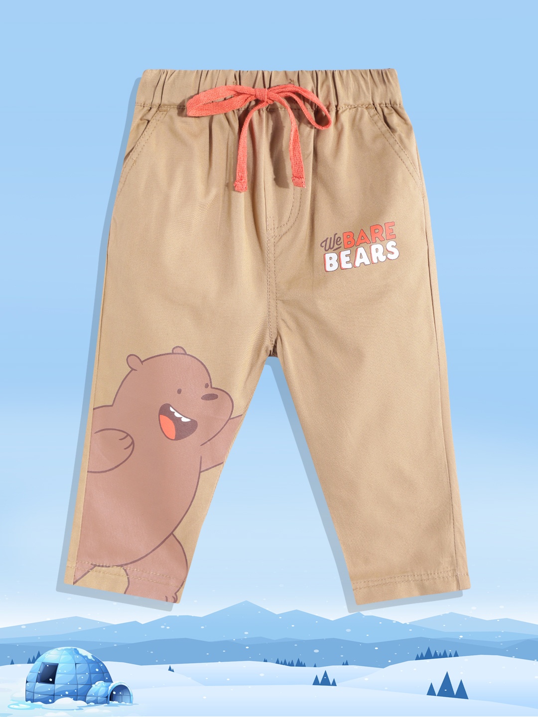 

YK Warner Bros Boys Camel Brown & White Pure Cotton We Bare Bears Print Trousers