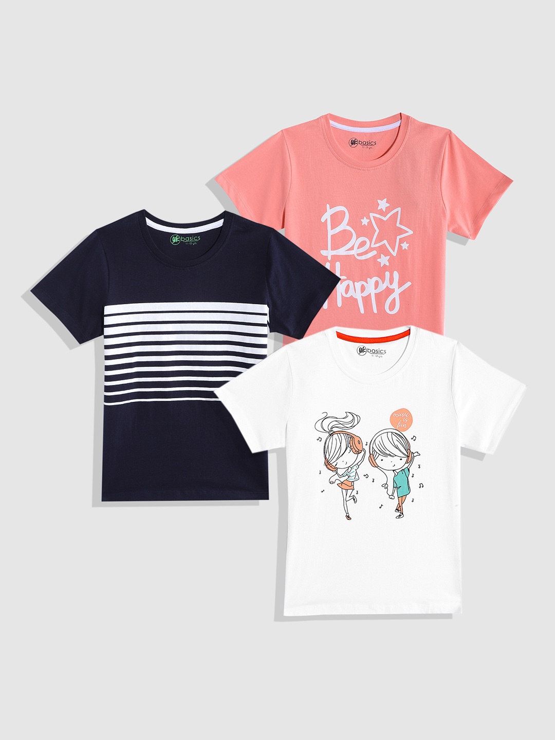 

YK Girls Pack of 3 Printed Pure Cotton T-shirts, Navy blue