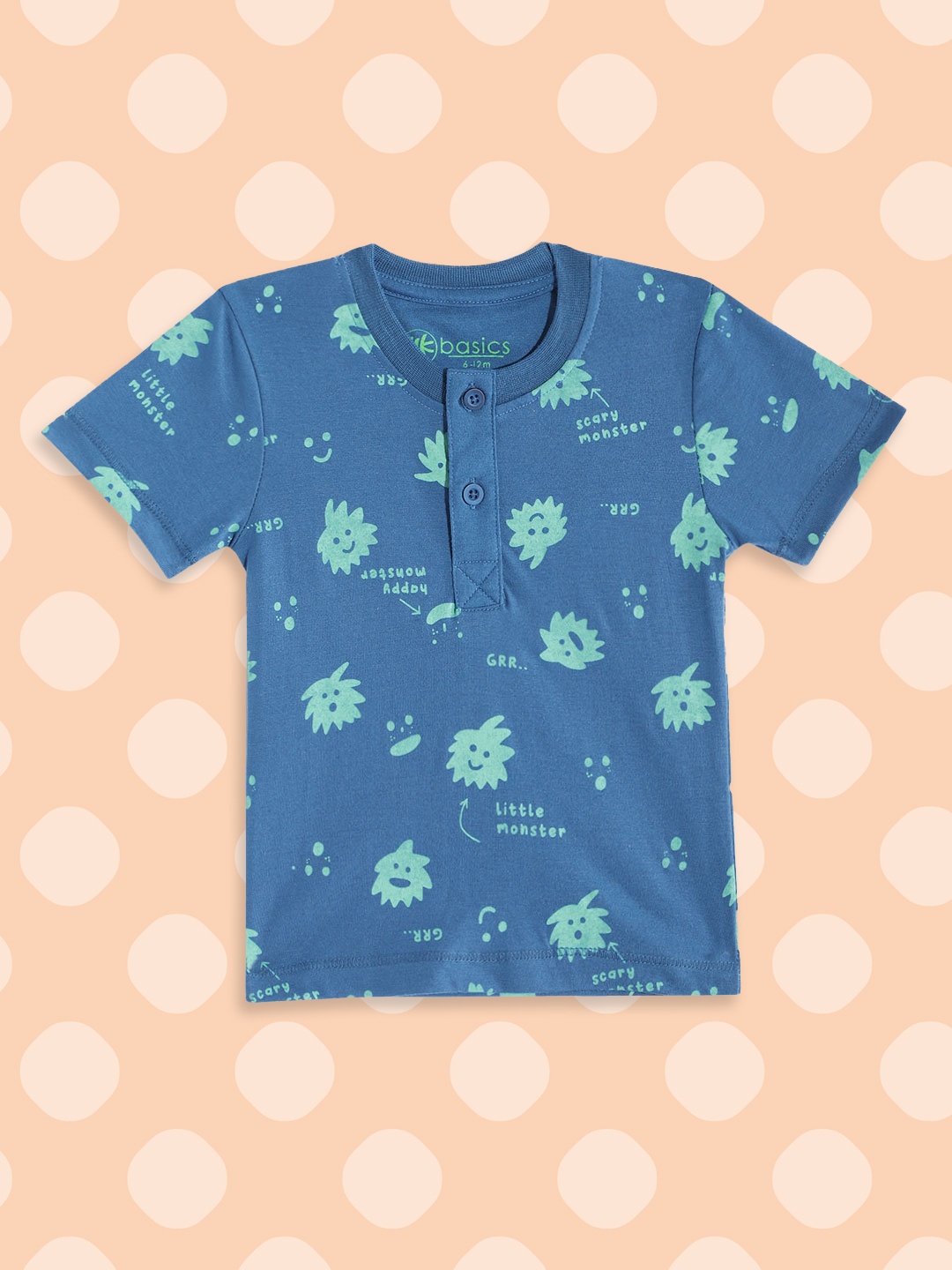 

YK Boys Blue & Green Pure Cotton Graphic Print Henley Neck T-shirt