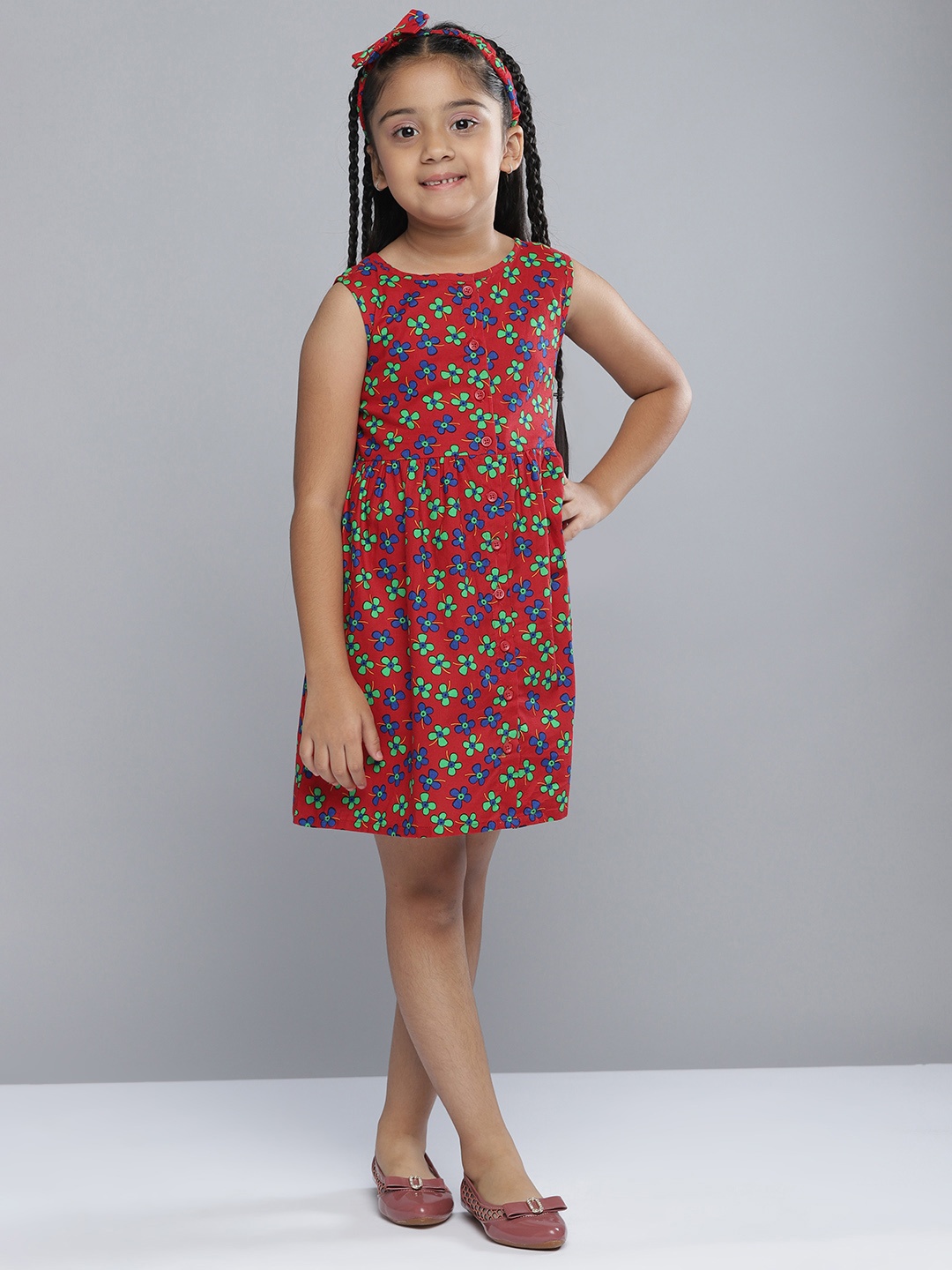 

YK Girls Red & Green Floral Print Pure Cotton Fit and Flare Dress