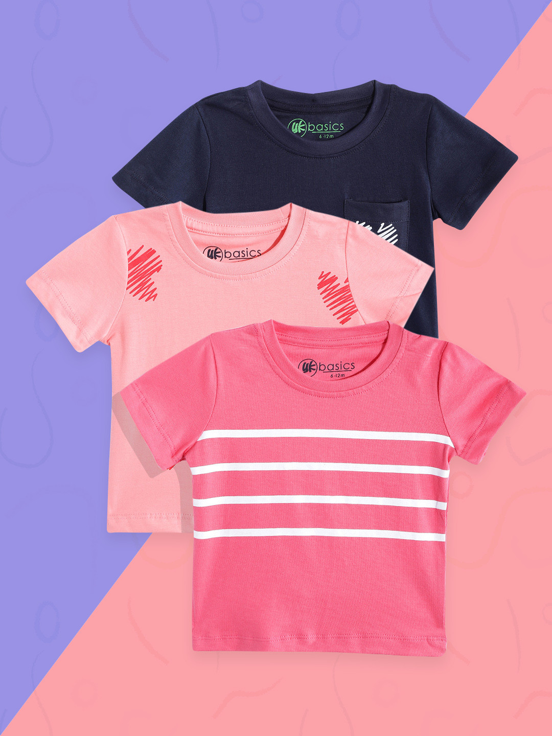 

YK Girls Pack of 3 Printed Pure Cotton T-shirt, Pink
