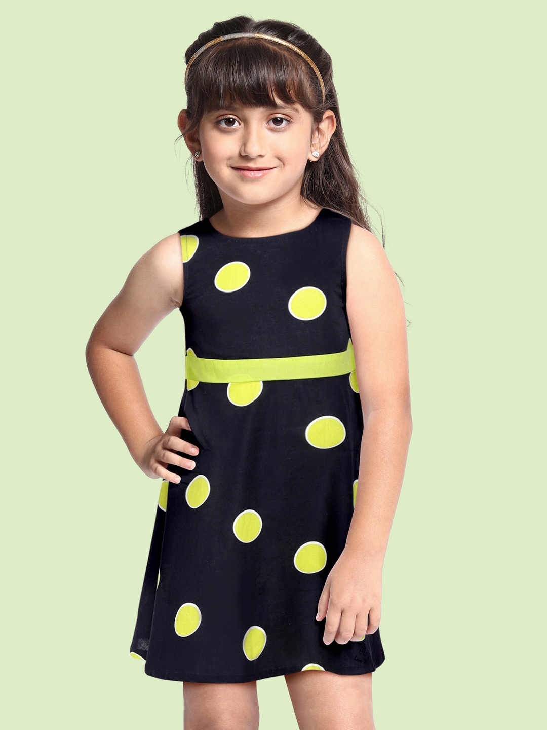 

YK Navy Blue & Neon Green Polka Print A-Line Dress