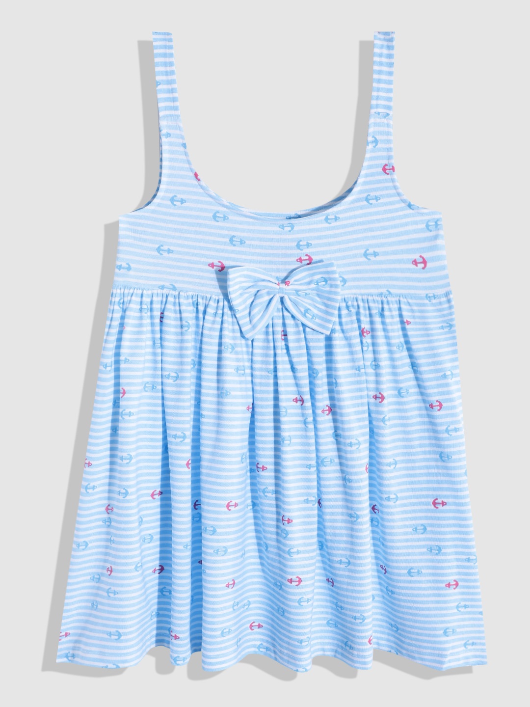 

YK Girls Striped & Nautical Printed Bow Detail Pure Cotton Empire Dress, Blue