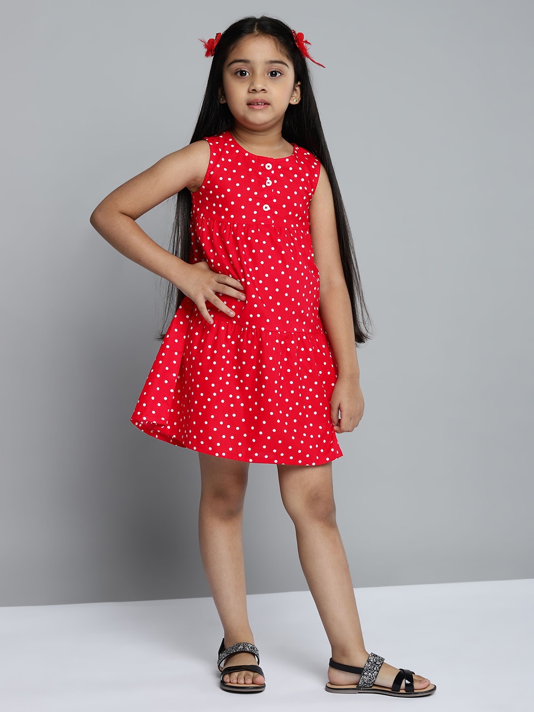 

YK Girls Red & White Polka Print Pure Cotton Fit and Flare Dress