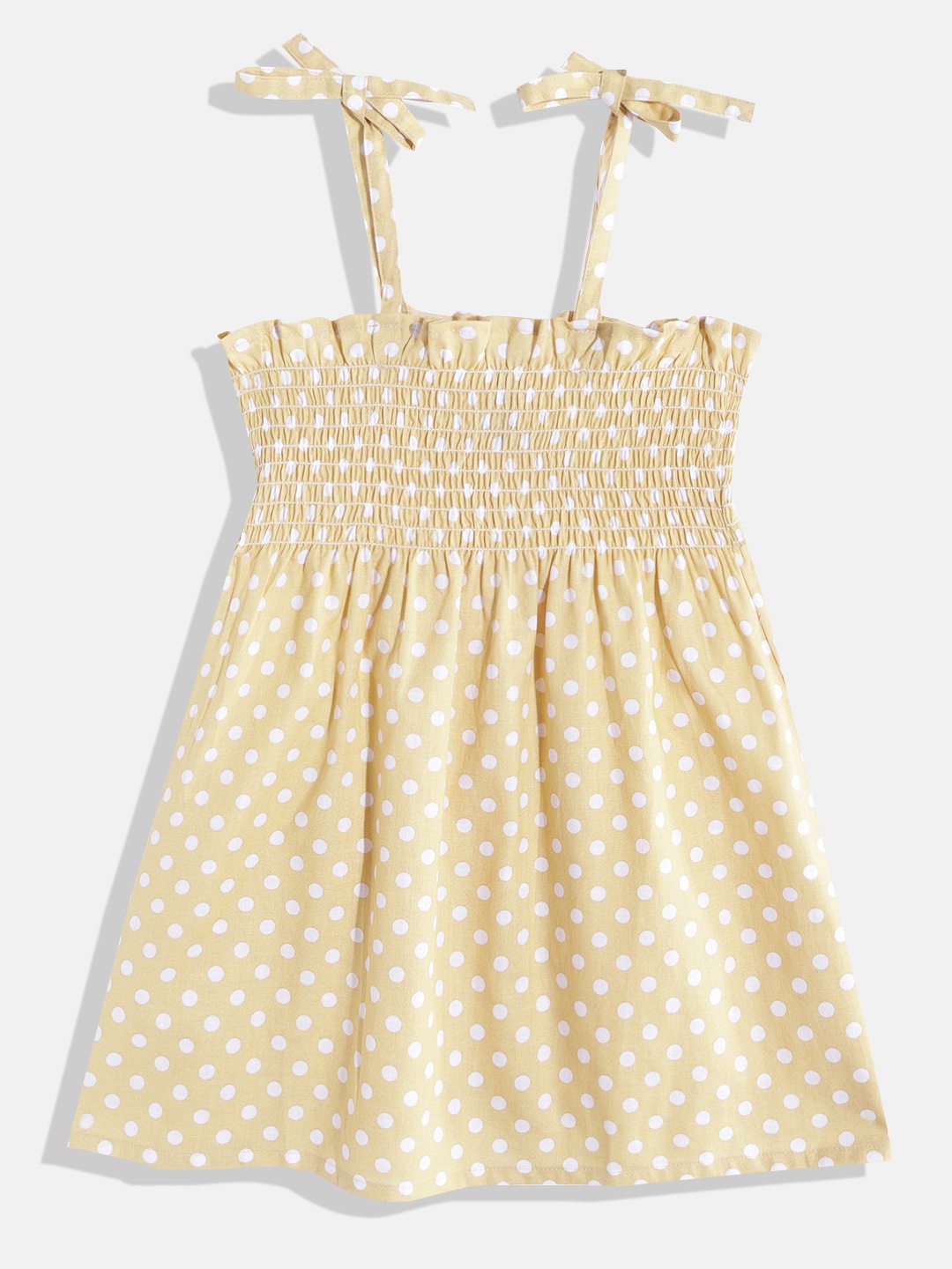 

YK Infant Girls Beige & White Polka Dot Print Smocked Cotton Fit & Flare Dress