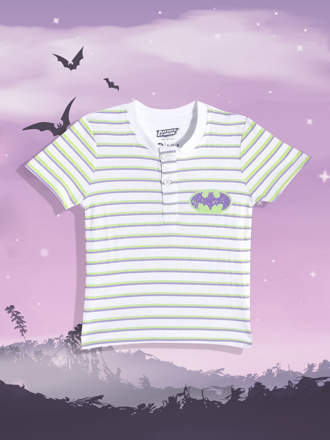 

YK Justice League Boys White & Green Pure Cotton Batman Print Striped Henley Neck T-shirt