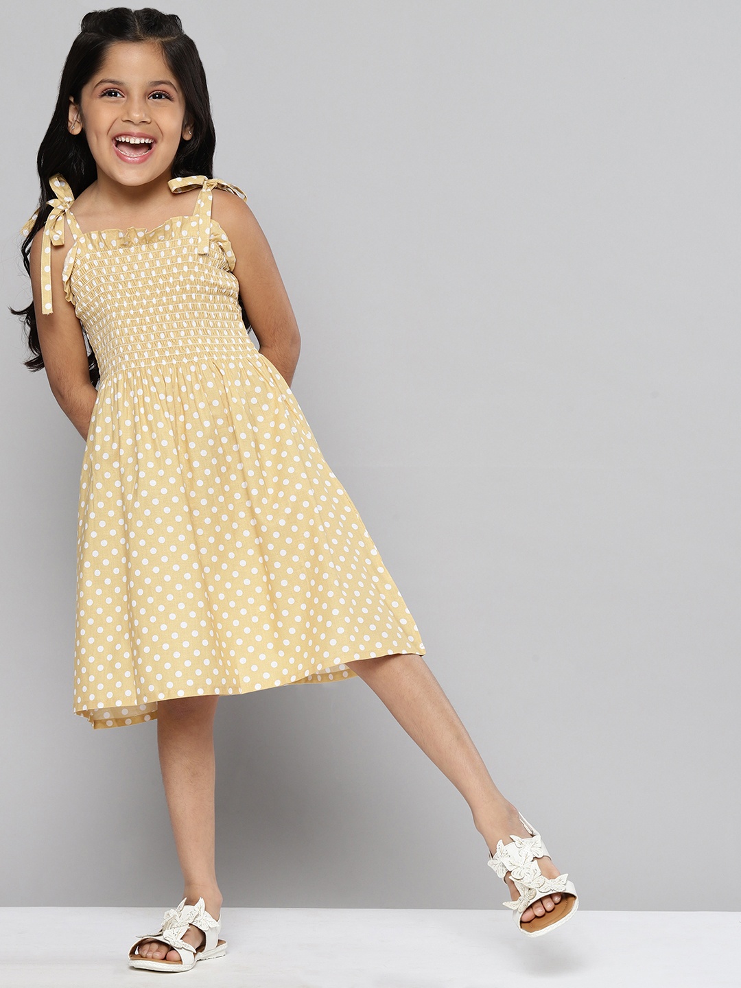 

YK Girls Beige & White Polka Dot Print Smocked Cotton Fit & Flare Dress