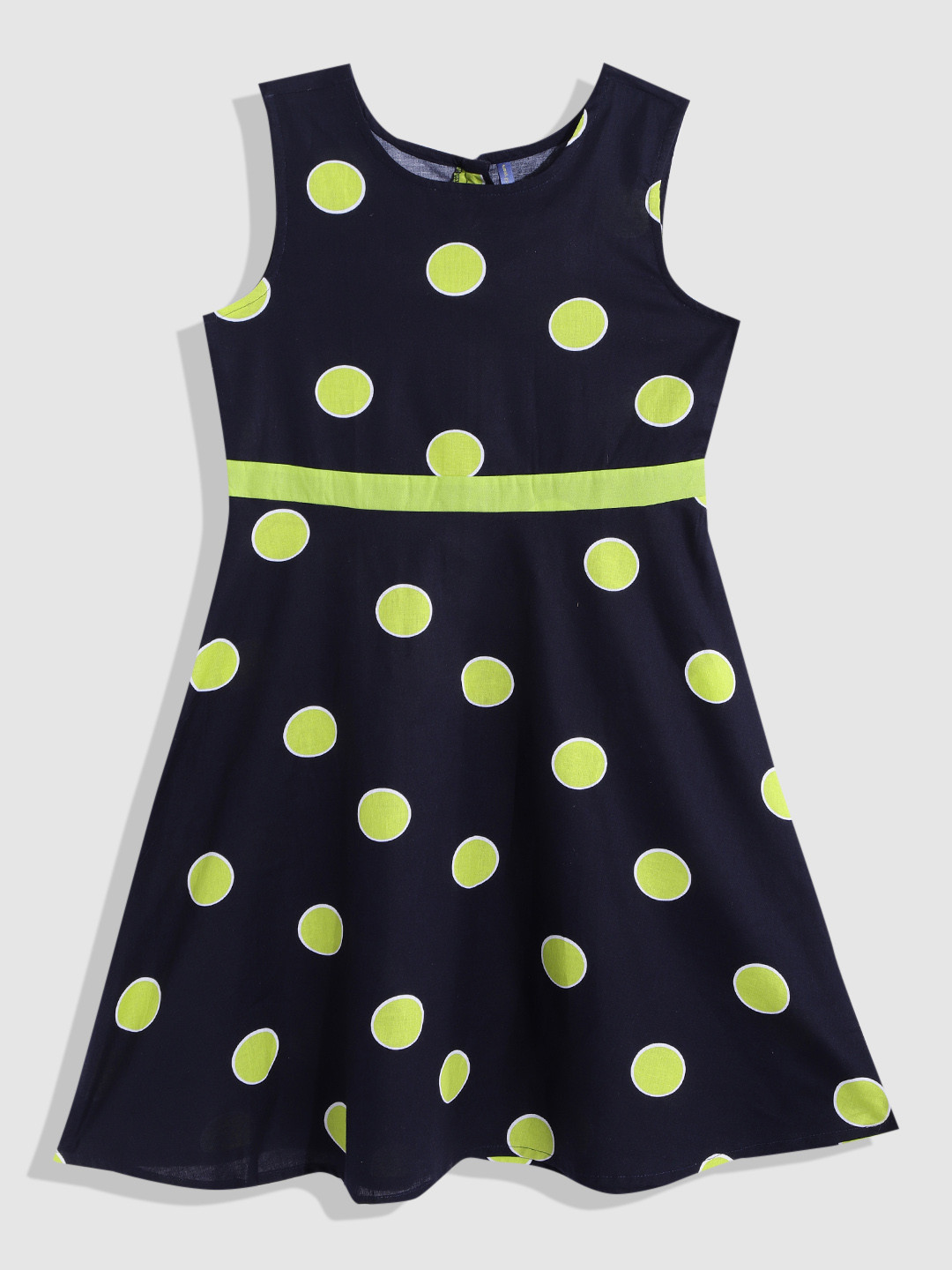 

YK Navy Blue & Neon Green Polka Print A-Line Dress