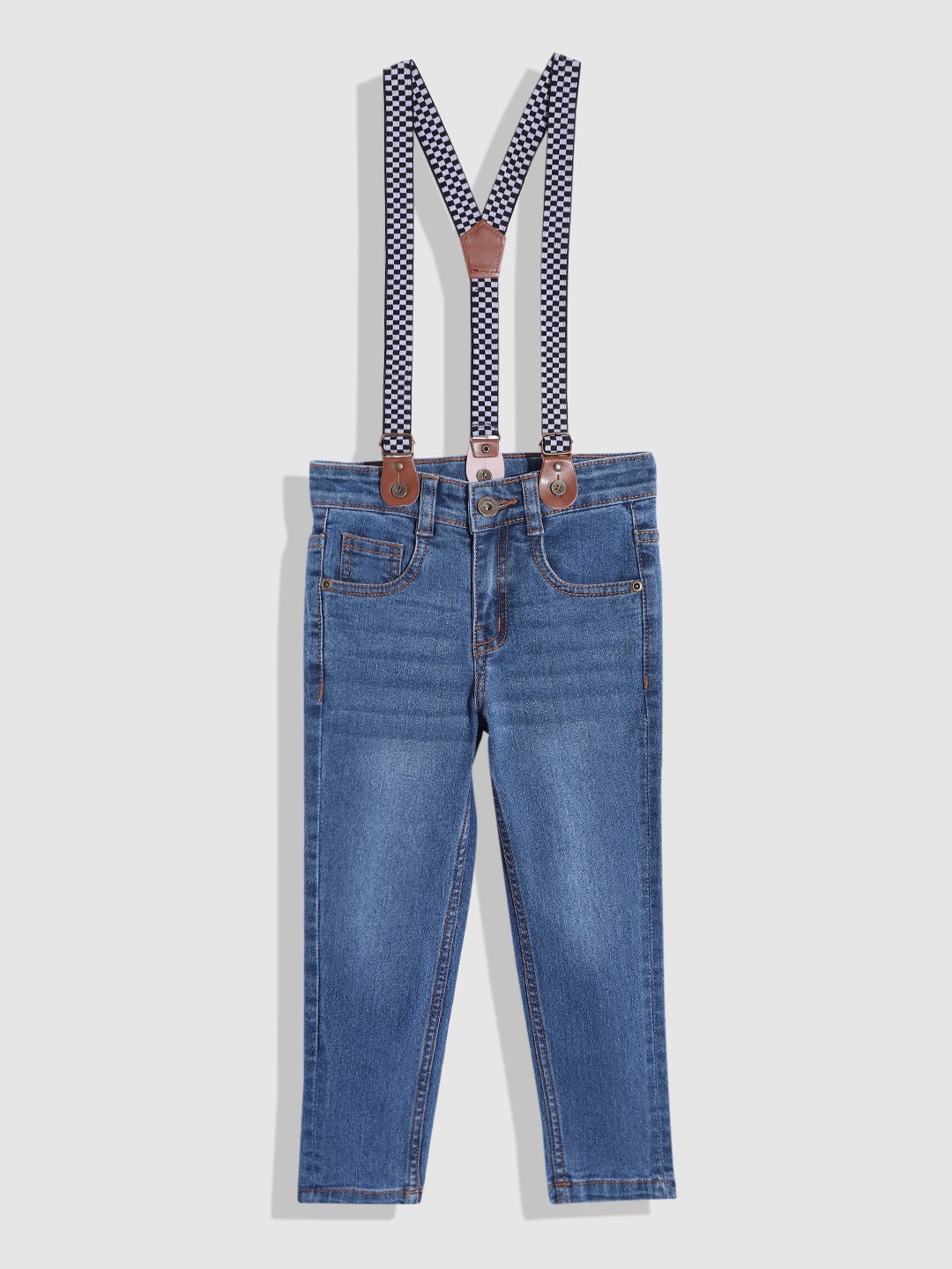 

YK Boys Light Fade Stretchable Jeans With Suspenders, Blue