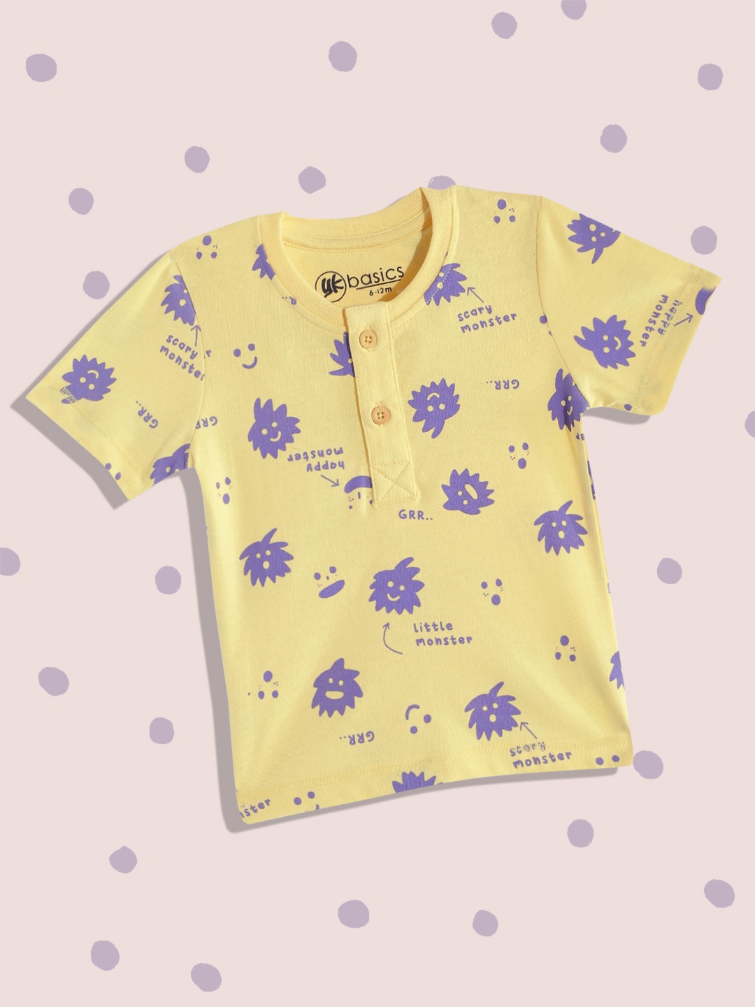 

YK Boys Yellow & Purple Cotton Graphic Print Henley Neck T-shirt