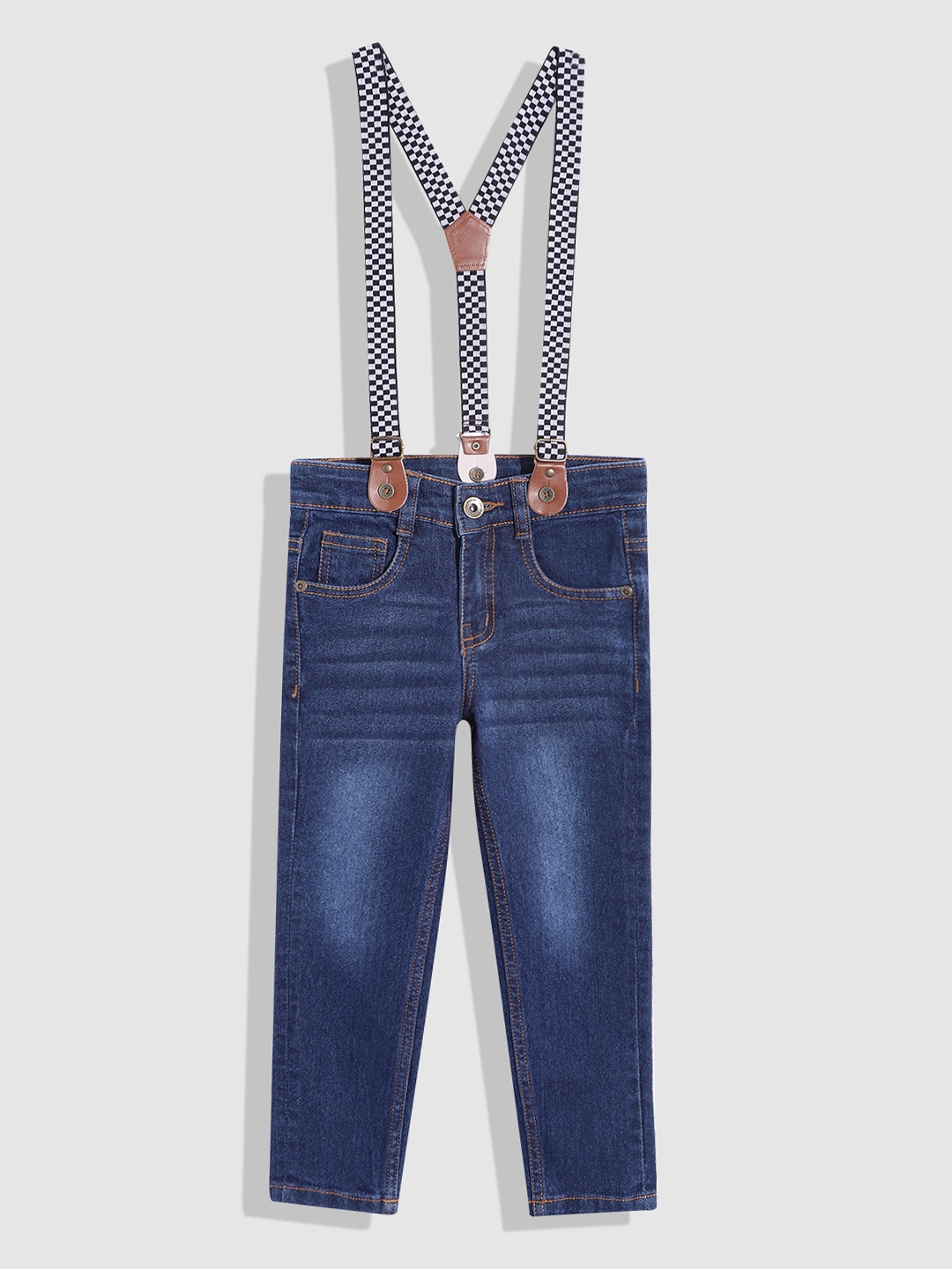 

YK Boys Light Fade Stretchable Jeans With Suspenders, Blue