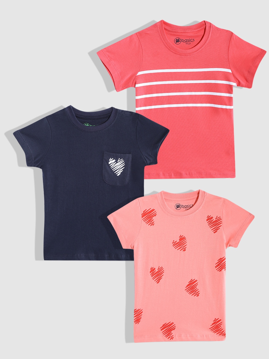 

YK Girls Pack of 3 Printed Pure Cotton T-shirts, Navy blue