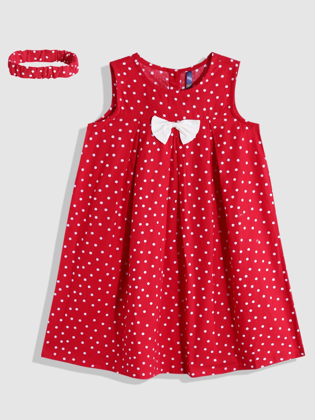 

YK Girls Red & White Polka Dot Print Cotton Fit & Flare Dress with Bow & Hairband