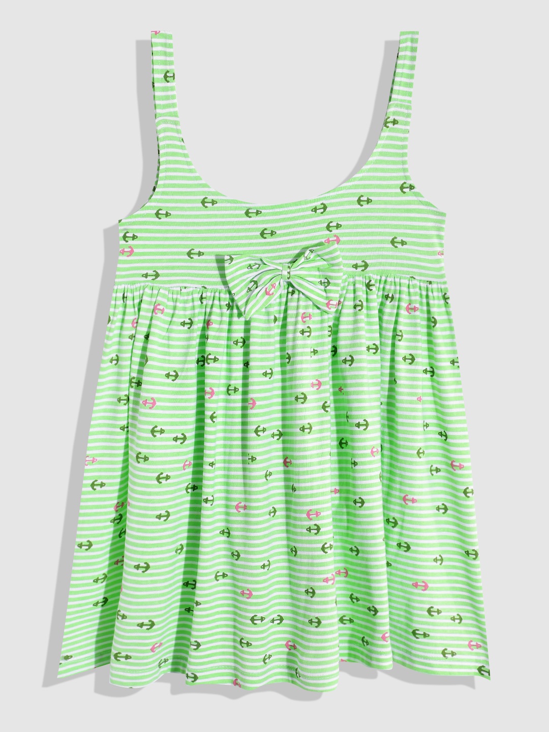 

YK Girls Striped & Nautical Printed Bow Detail Pure Cotton Empire Dress, Green