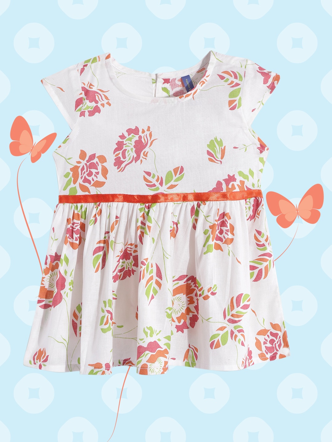 

YK Infant Girls White & Pink Floral Print Cotton Fit & Flare Dress