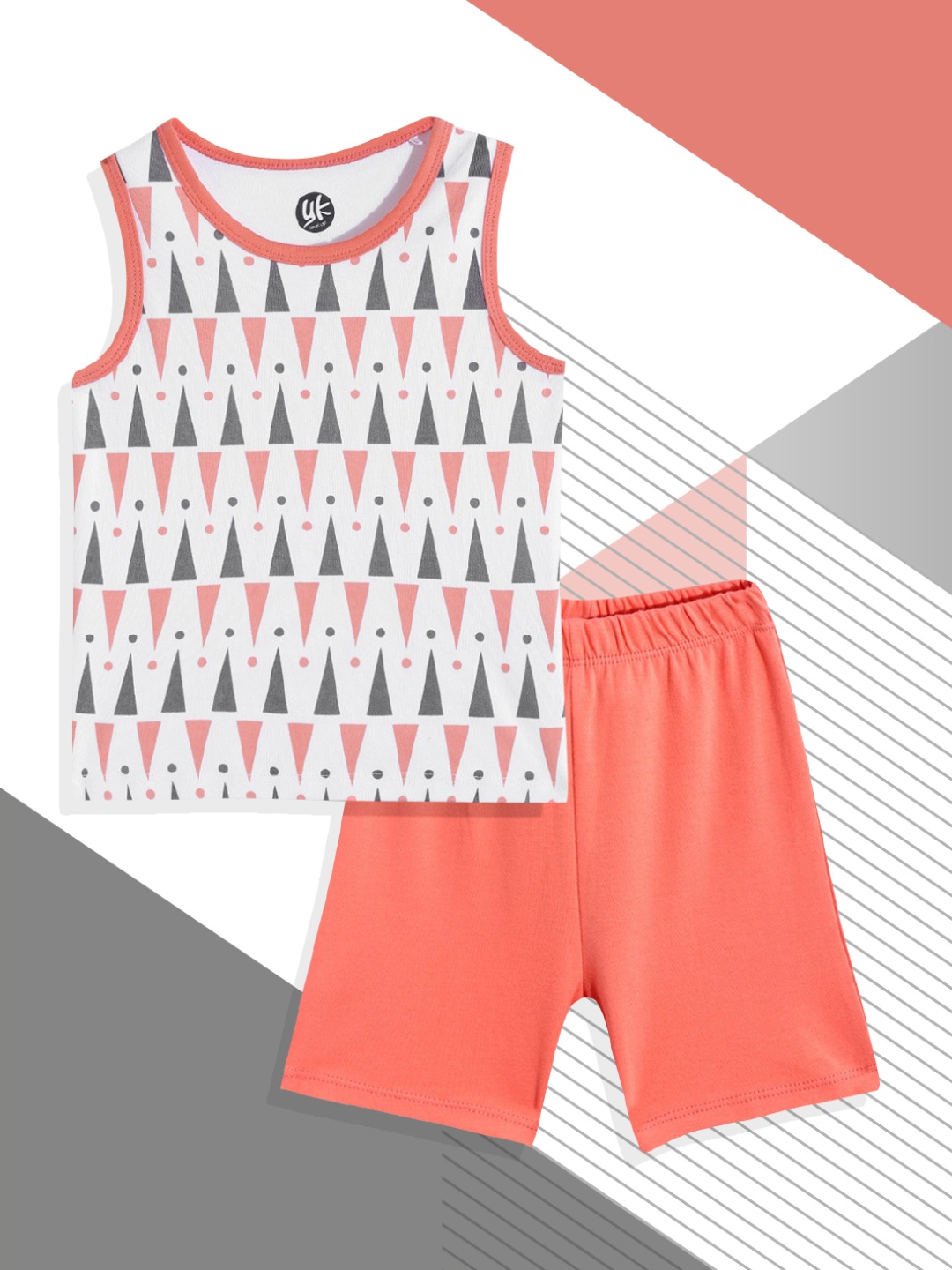 

YK Infant Boys White & Coral Orange Printed Cotton T-shirt with Shorts