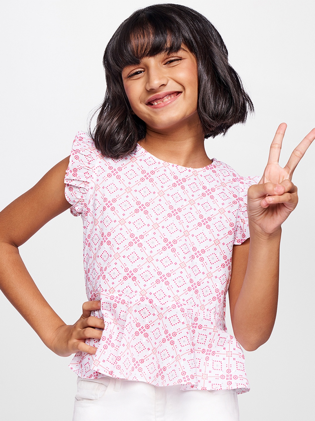 

Global Desi Pink & White Print Peplum Top