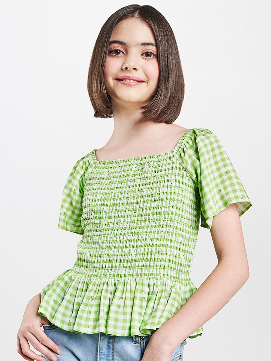 

AND Sea Green Checked Smocked Cinched Waist Top