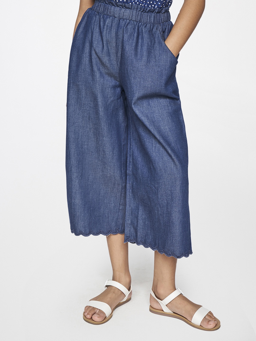 

Global Desi Girls Blue Solid Cotton Culottes Trousers