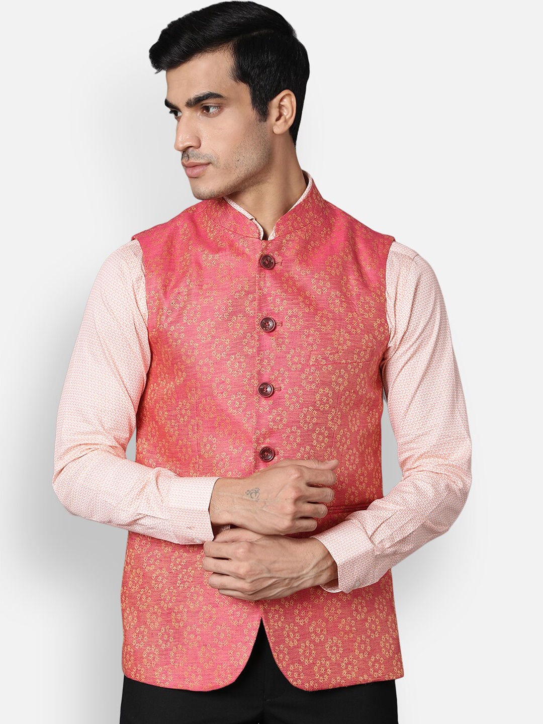 

Callino London Men Rust Red & Yellow Woven Design Nehru Jacket