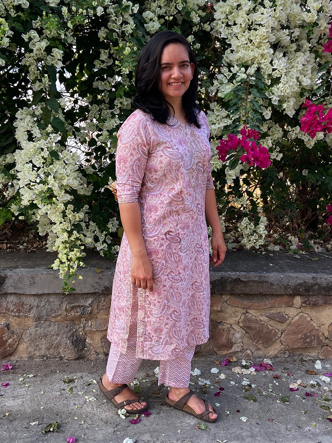 

AKISO Women Peach-Coloured Floral Printed Block Print Pure Cotton Kurta