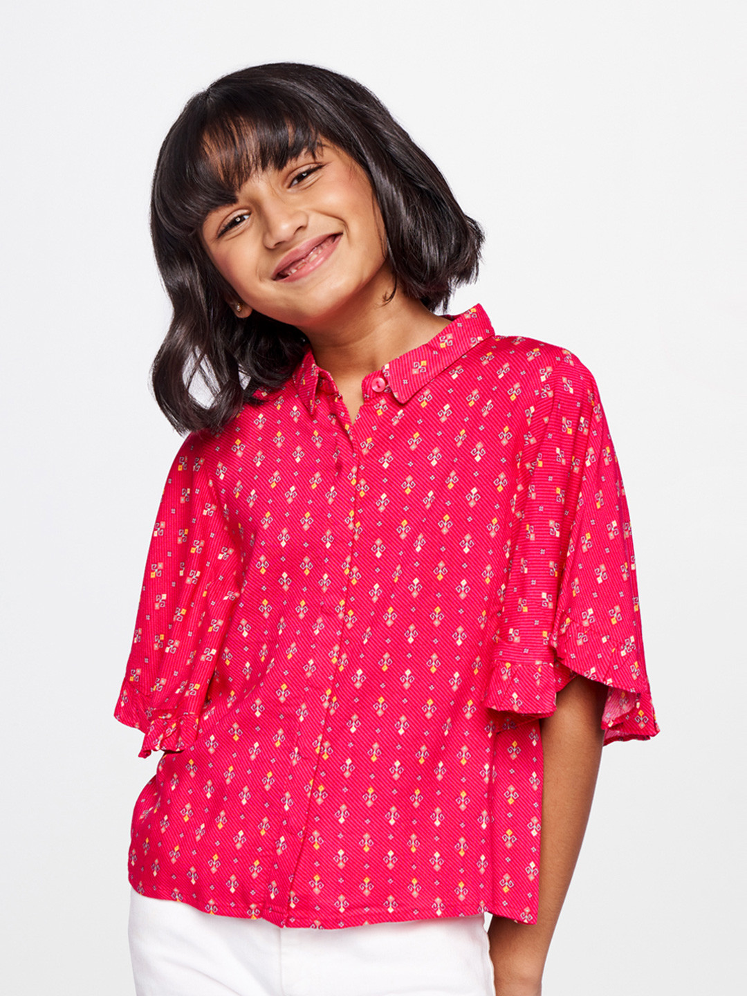 

Global Desi Girls Pink Printed Shirt Style Top