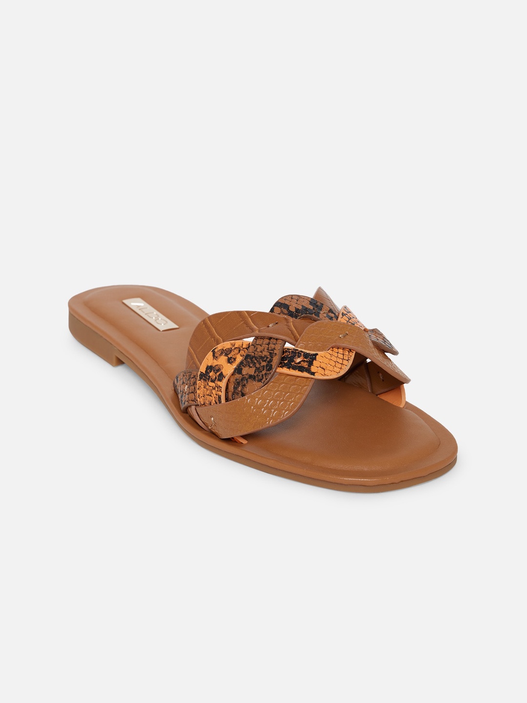 

ALDO Women Brown & Black Textured Open Toe Flats