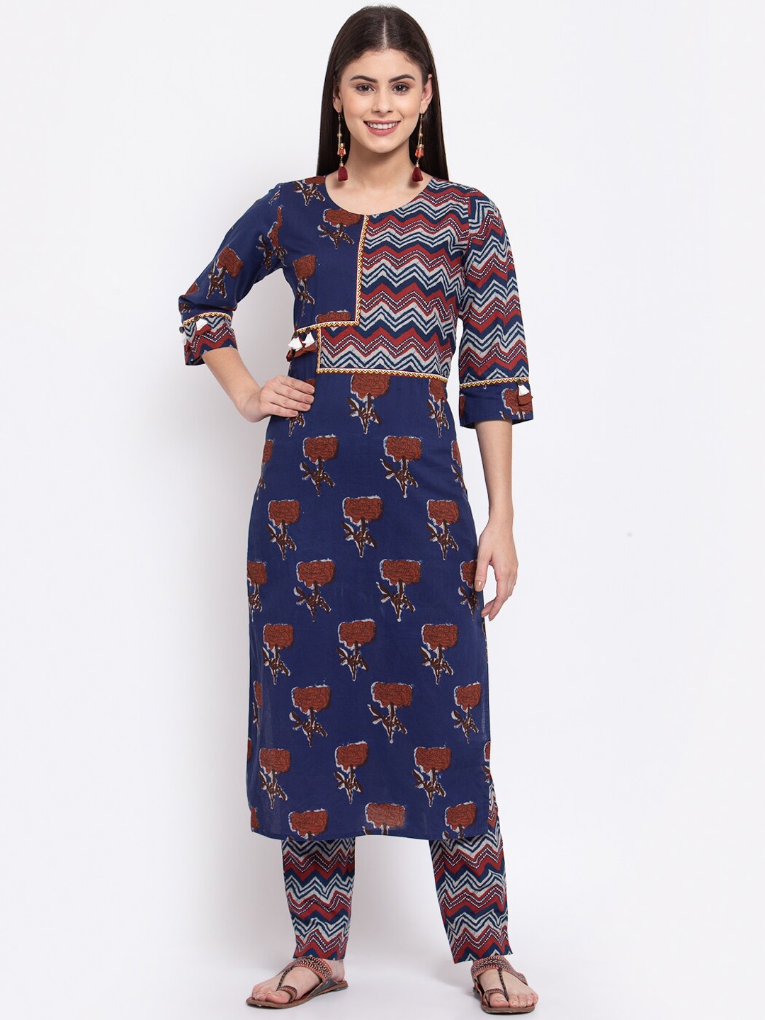 

SVARCHI Women Blue Printed Pleated Pure Cotton Kurti with Skirt