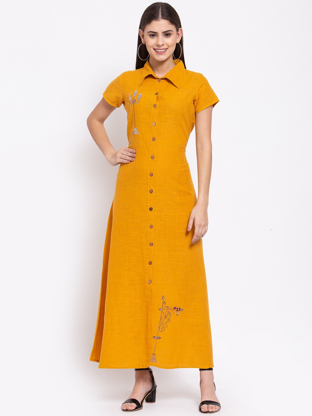 

SVARCHI Women Mustard Yellow Cotton Thread Work A-Line Kurta