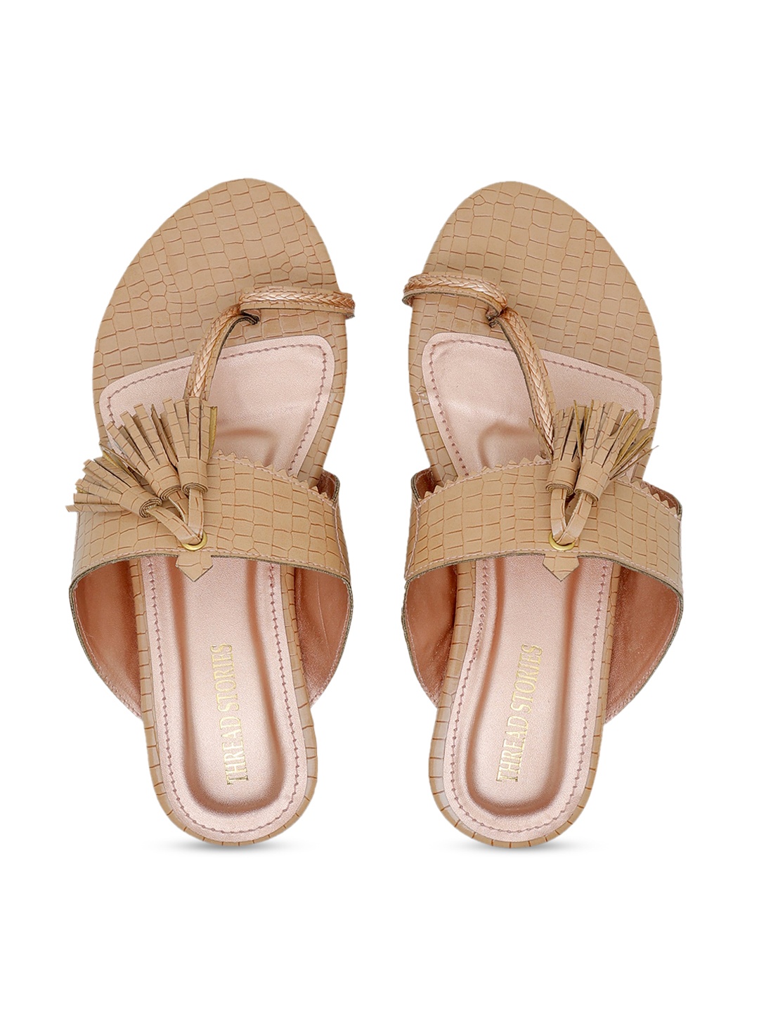 

Thread Stories Women Tan Textured Kolhapuri One Toe Flats with Tassels