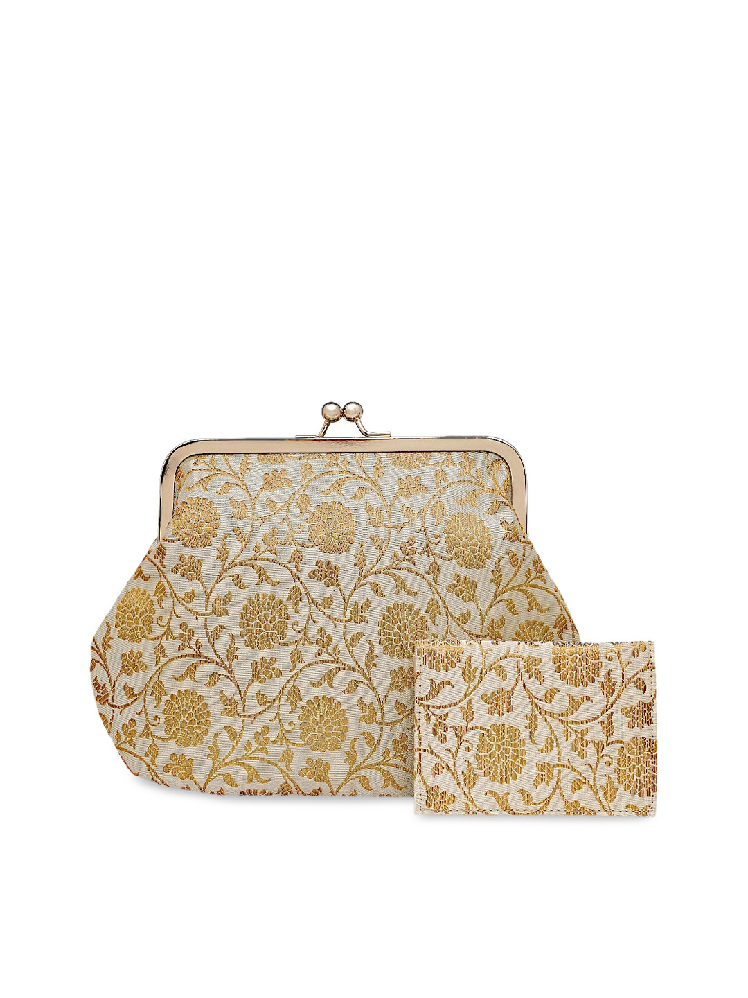 

Tarini Nirula Cream-Coloured & Gold-Toned Embroidered Purse Clutch With Small Wallet