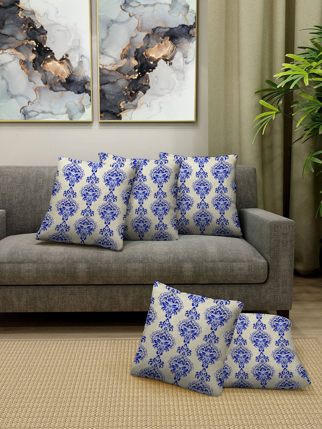 

HOUZZCODE Pack Of 5 Blue & White Ethnic Motifs Printed Square Cushion Covers