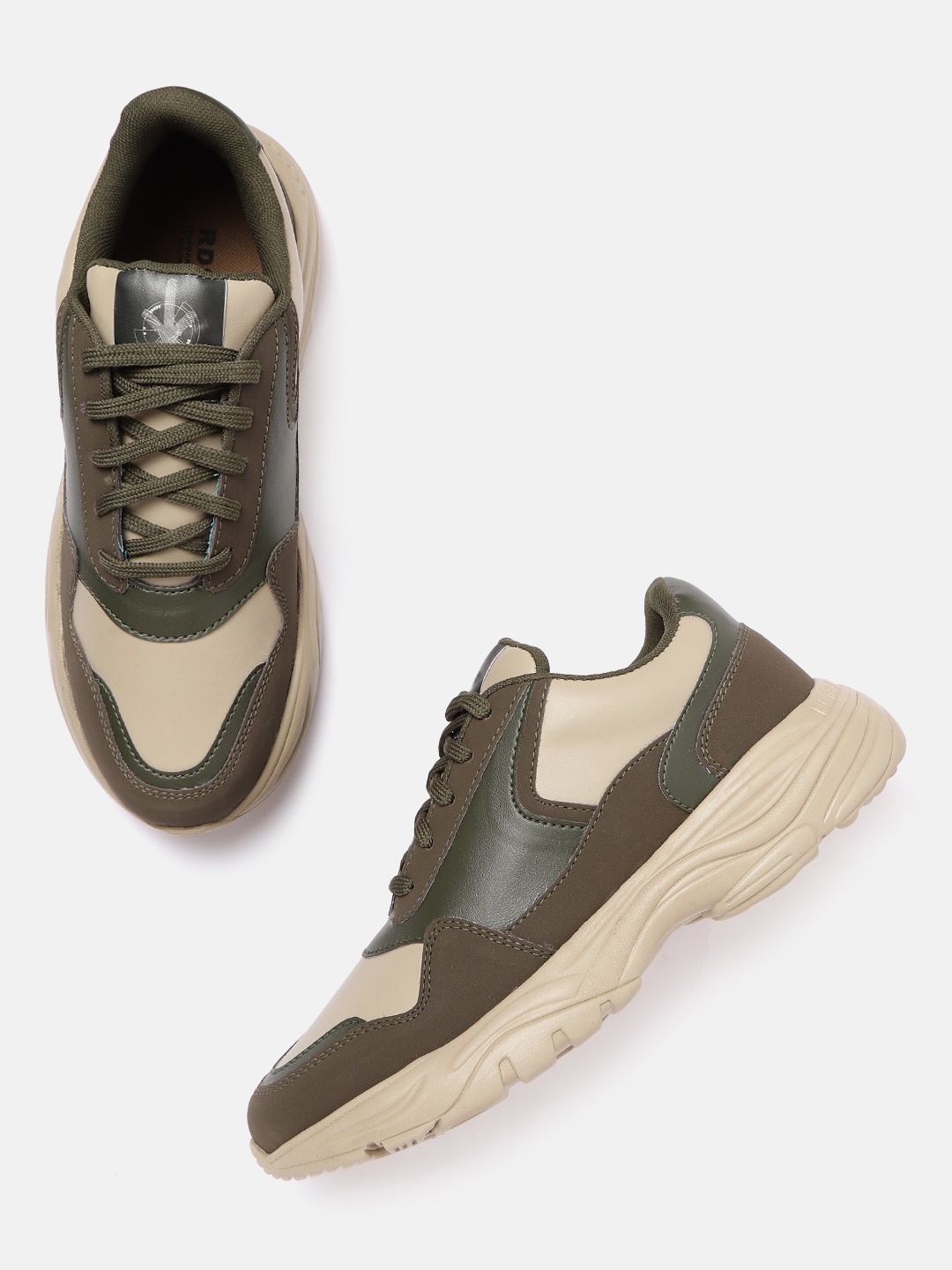 

Roadster Men Olive Green & Beige Colourblocked Sneakers