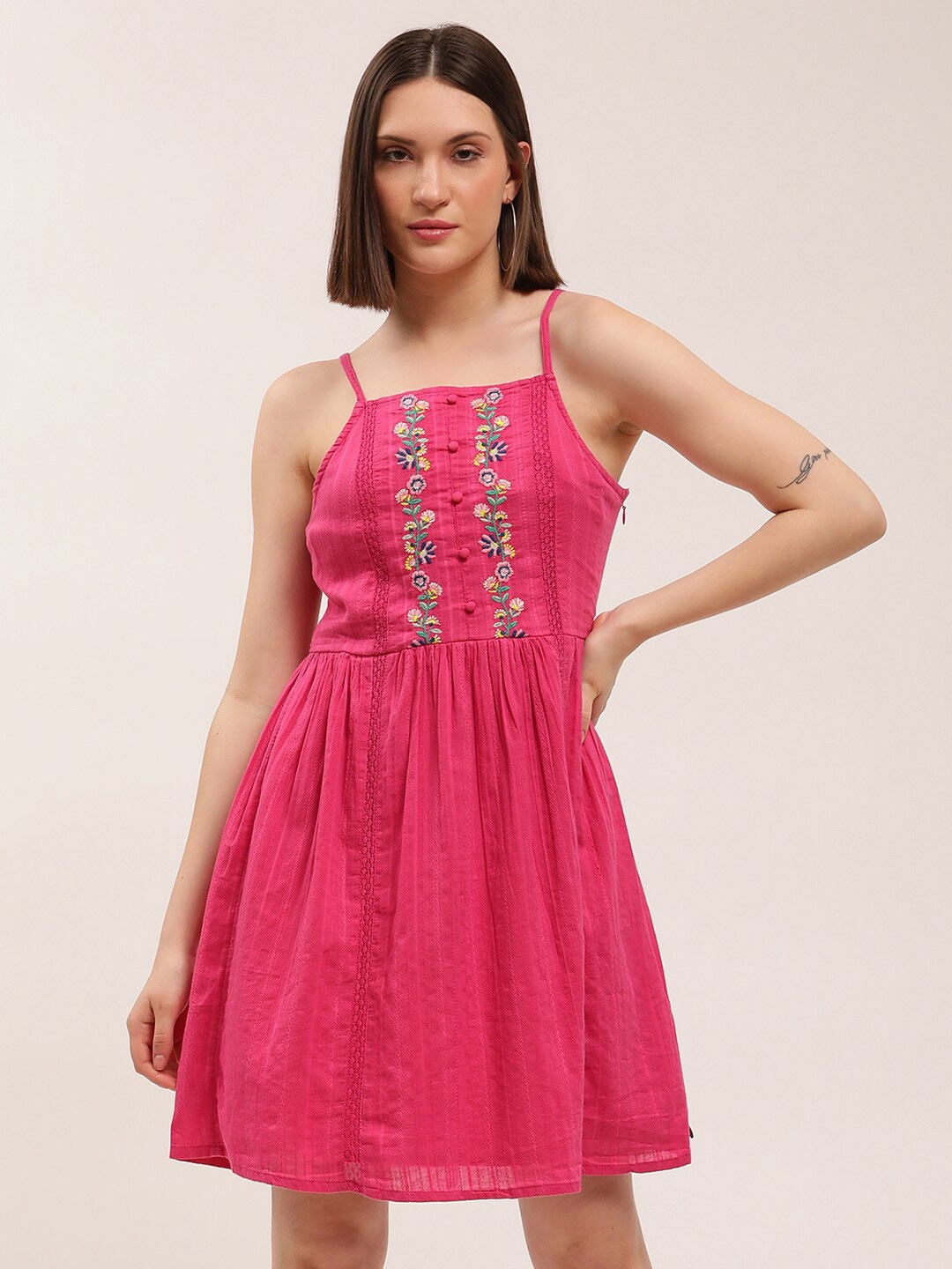 

ELLE Women Pink A-Line Embroidered Shoulder Strap Dress