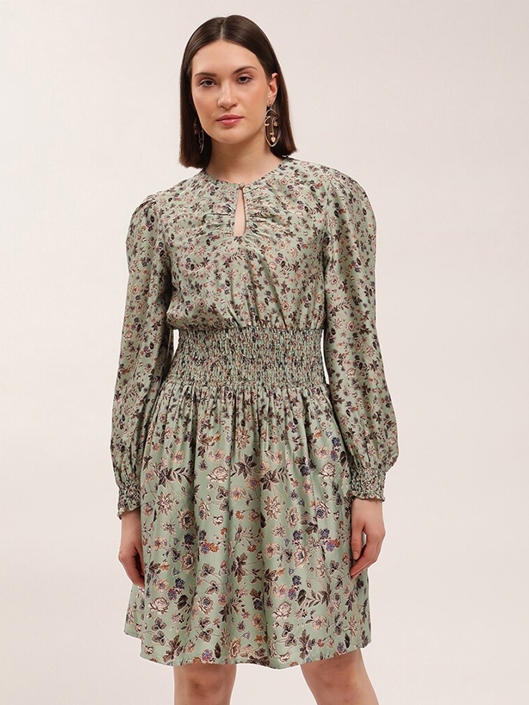 

ELLE Women Green & Beige Floral Printed Smocked Empire Dress