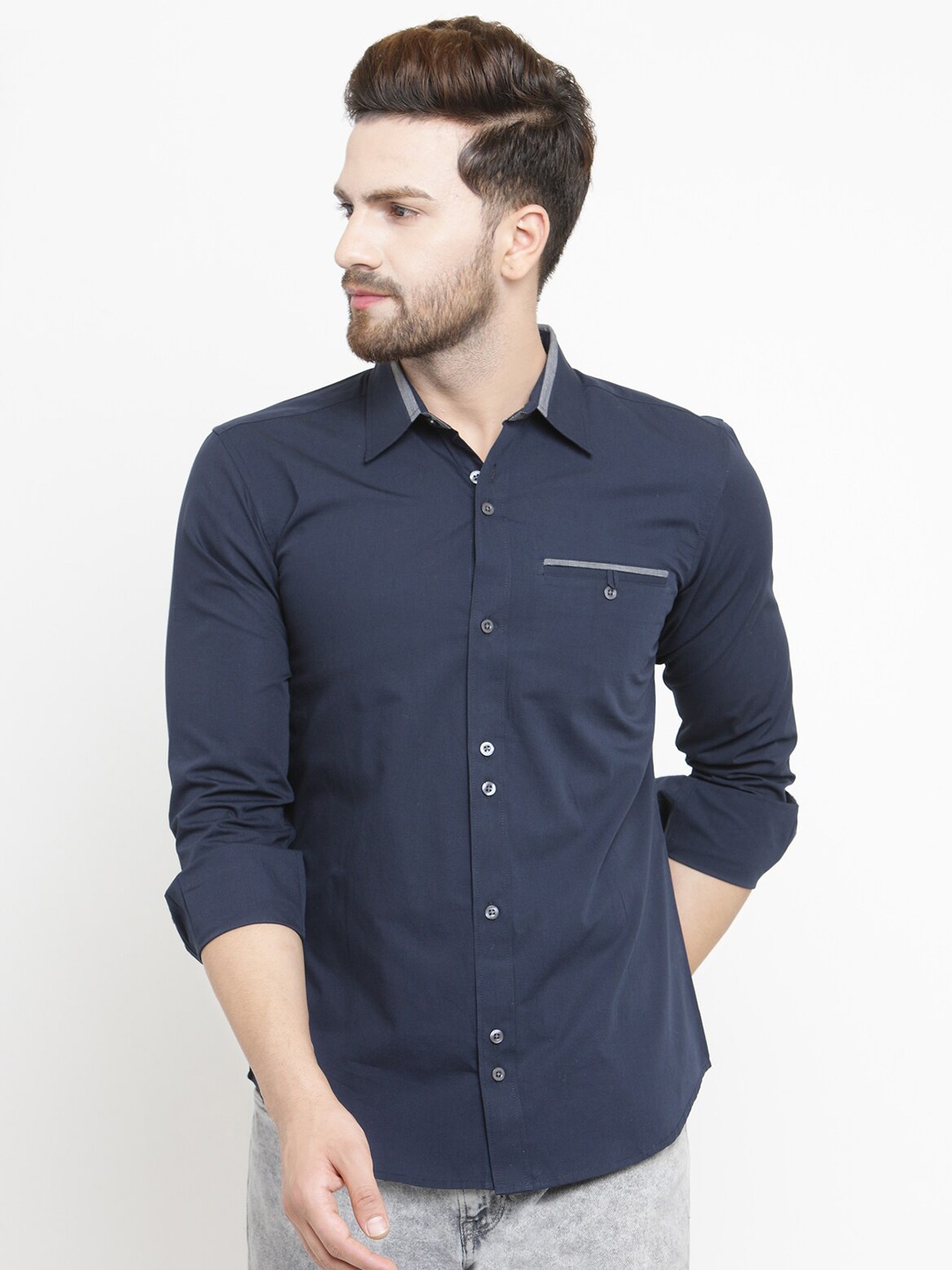

WESTCLO Men Navy Blue Slim Fit Cotton Casual Shirt