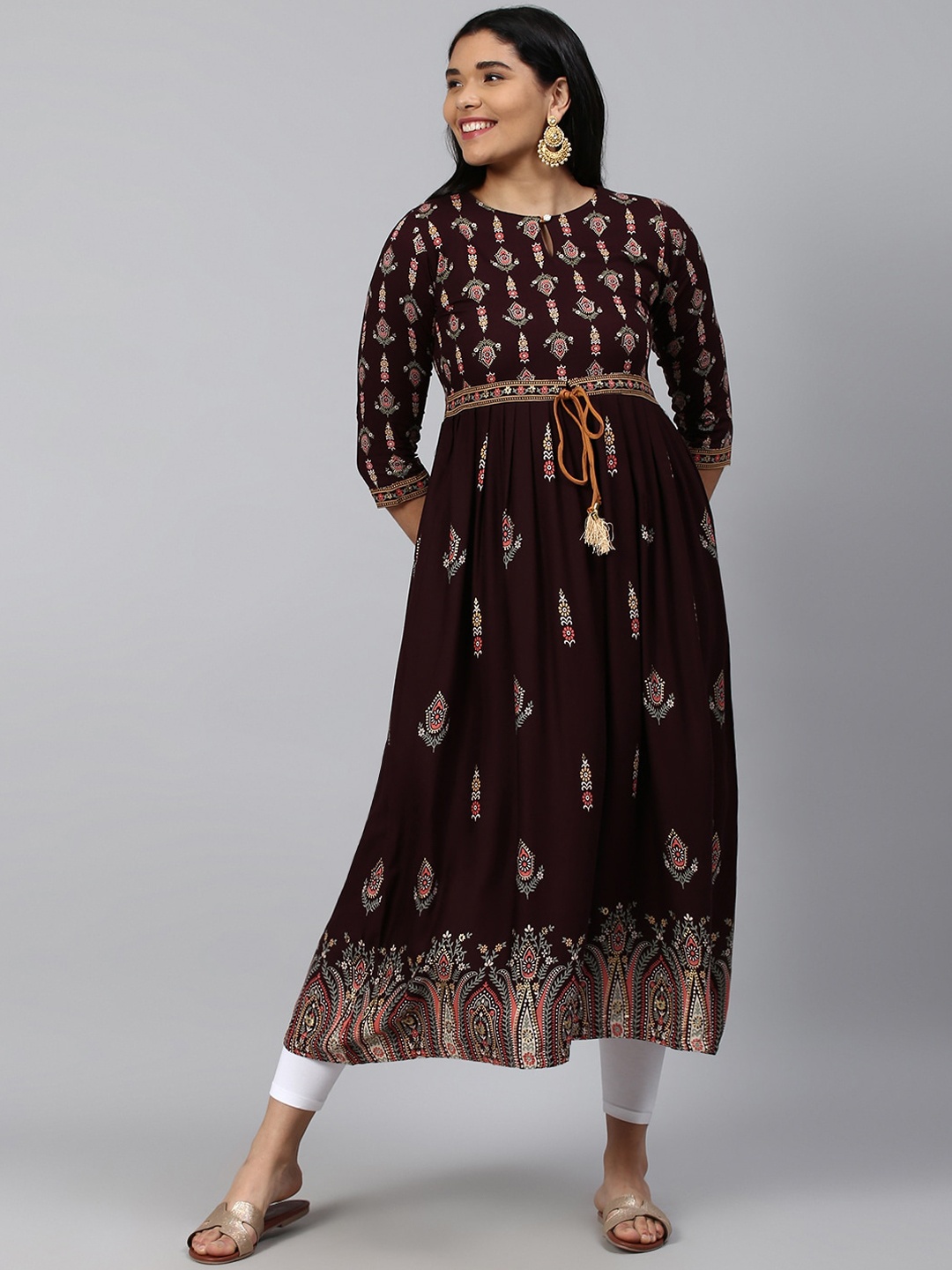 

TRUNDZ Women Brown & Gold-Toned Ethnic Motifs Printed Anarkali Kurta