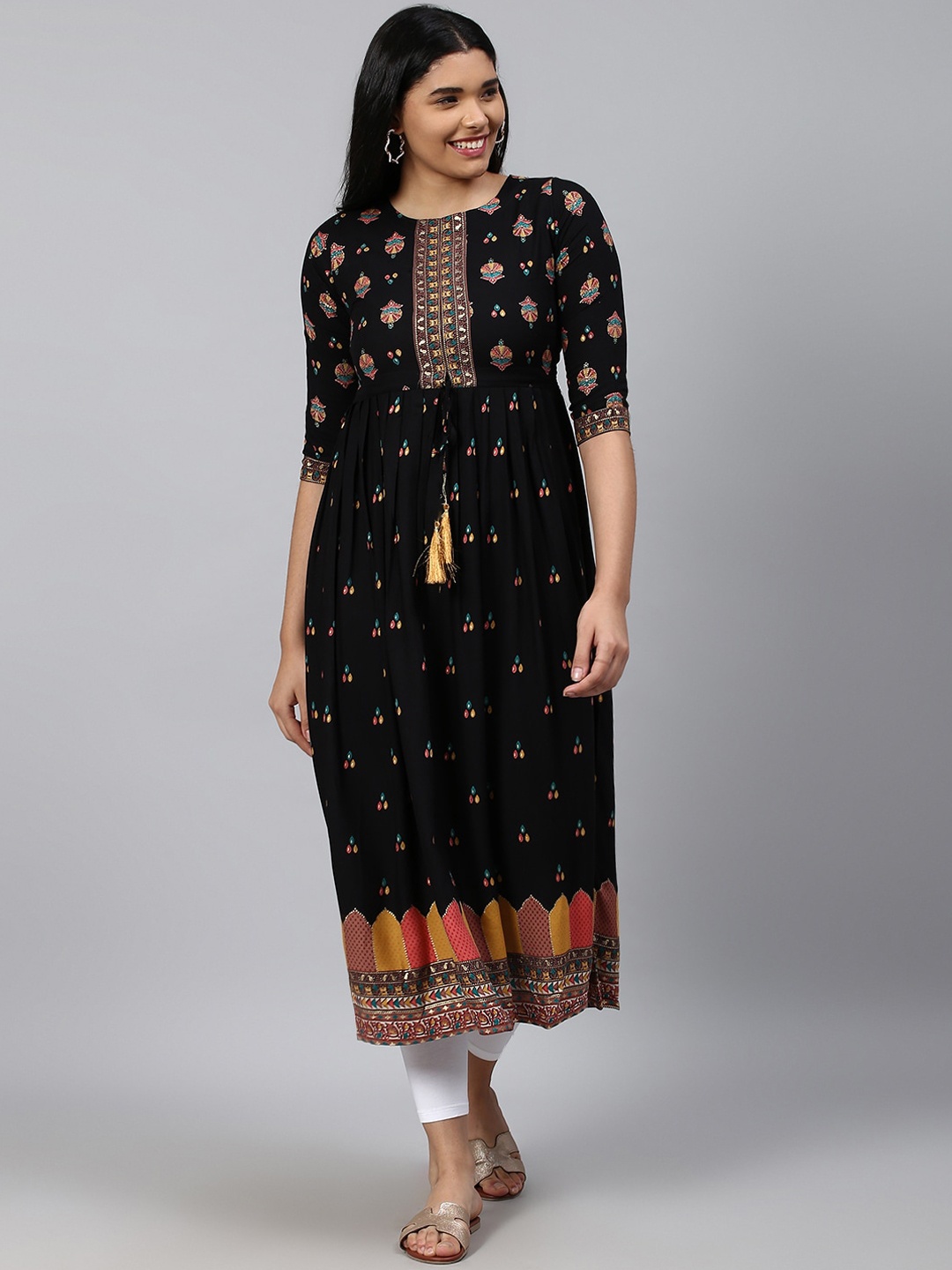 

TRUNDZ Women Navy Blue Ethnic Motifs Printed Thread Work Anarkali Kurta