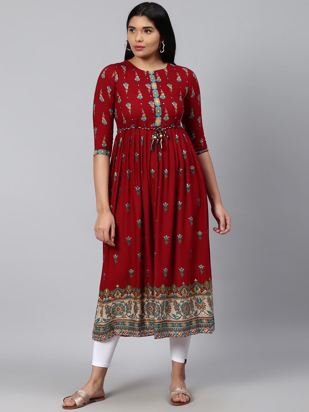 

TRUNDZ Women Maroon & Blue Ethnic Motifs Printed Pleated Anarkali Kurta