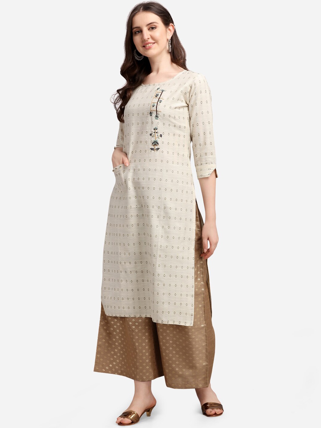 

KALINI Women Beige Geometric Striped Thread Work Kurta