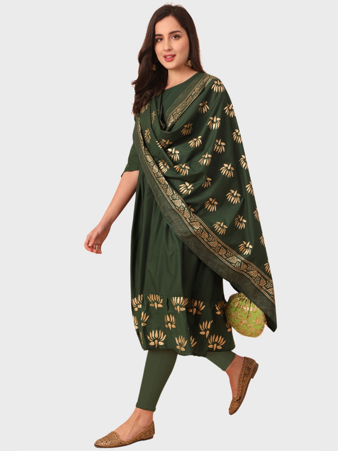 

KALINI Women Green Floral Printed Keyhole Neck Kurta