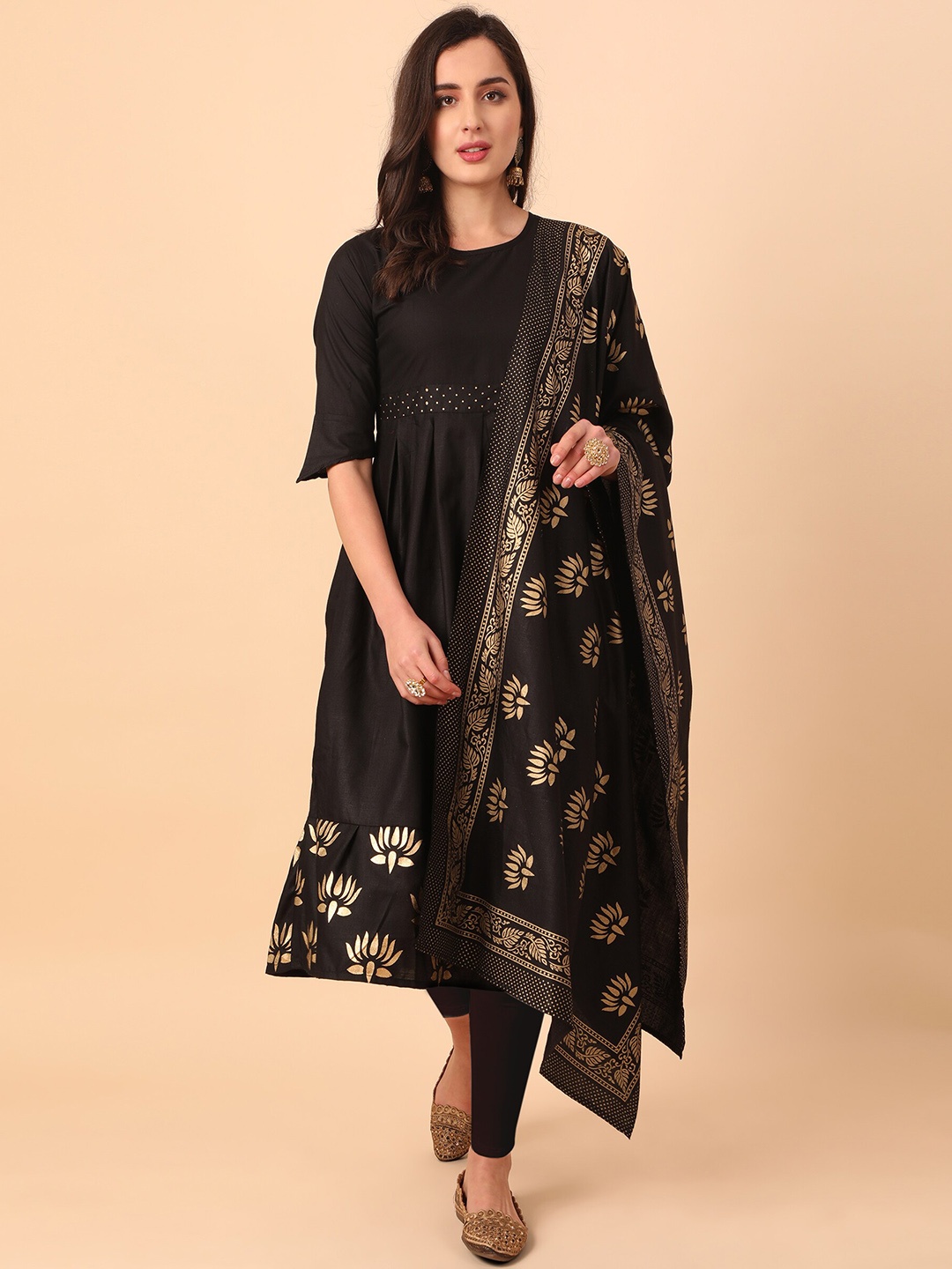 

KALINI Women Black & Gold-Toned Ethnic Motifs Printed Anarkali Kurta and Dupatta
