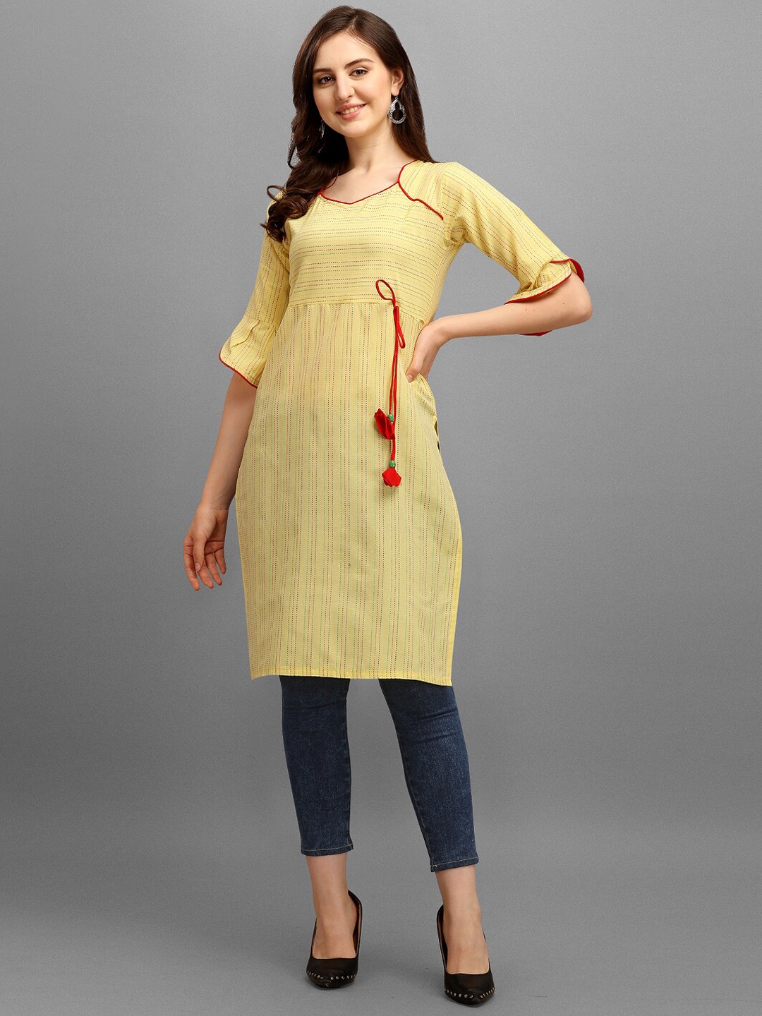 

KALINI Women Yellow Colourblocked Flared Sleeves Thread Work Kurta
