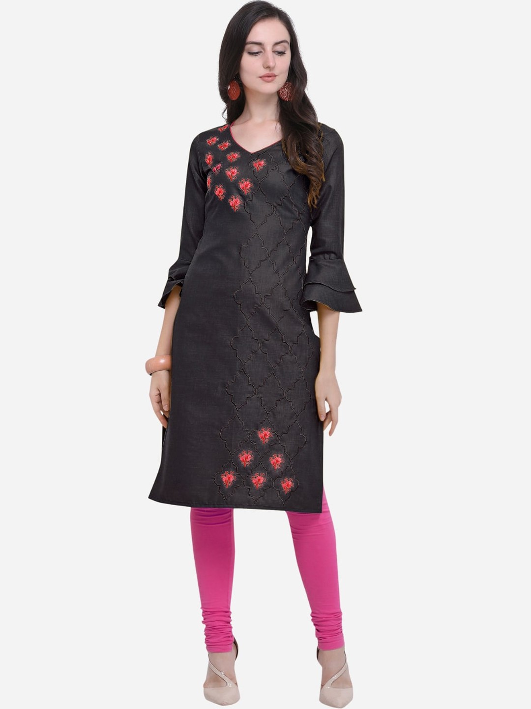 

KALINI Women Black Floral Embroidered Flared Sleeves Thread Work Kurta