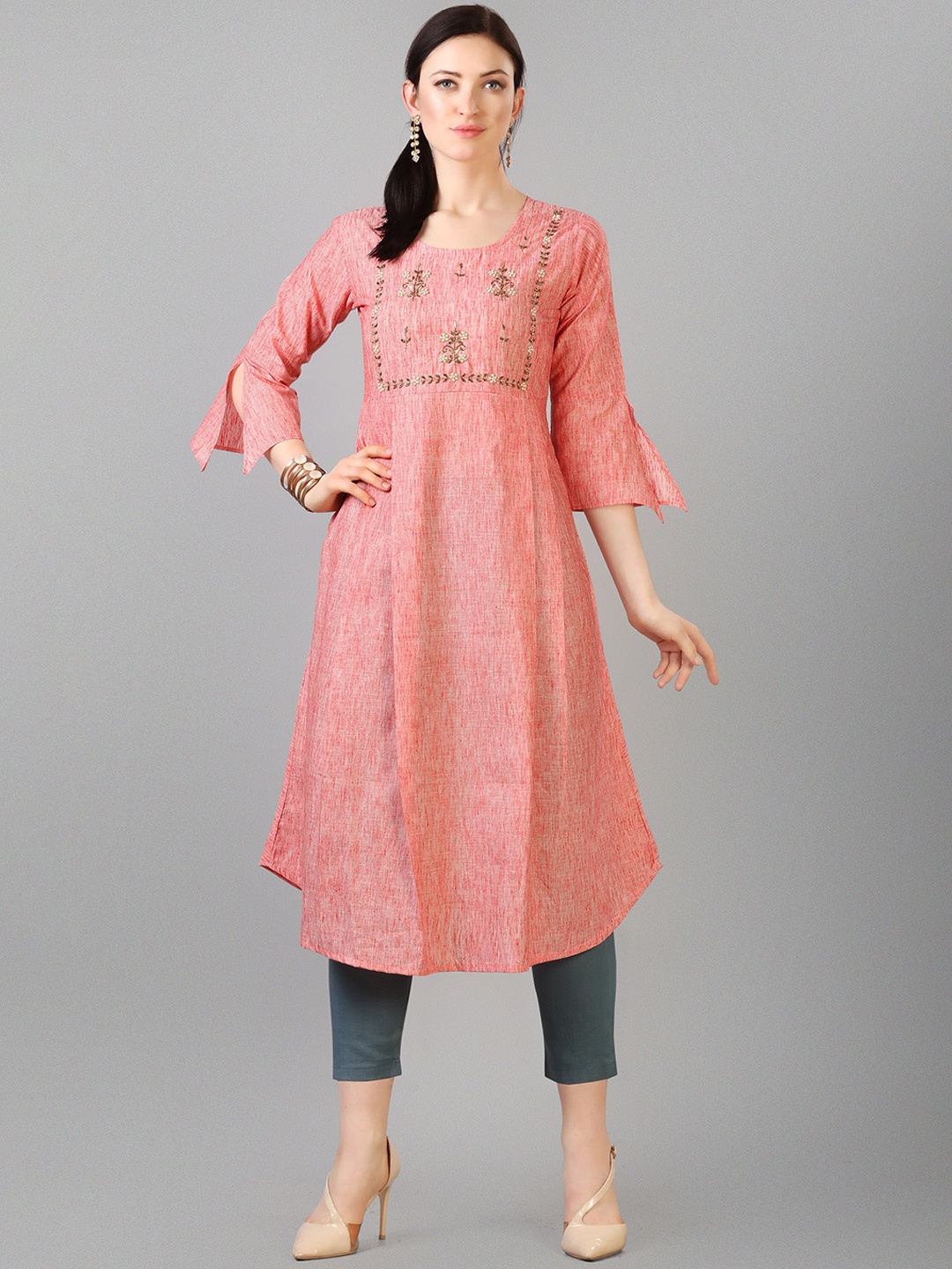 

KALINI Women Pink Ethnic Motifs Handwork Embroidery A-line Kurta