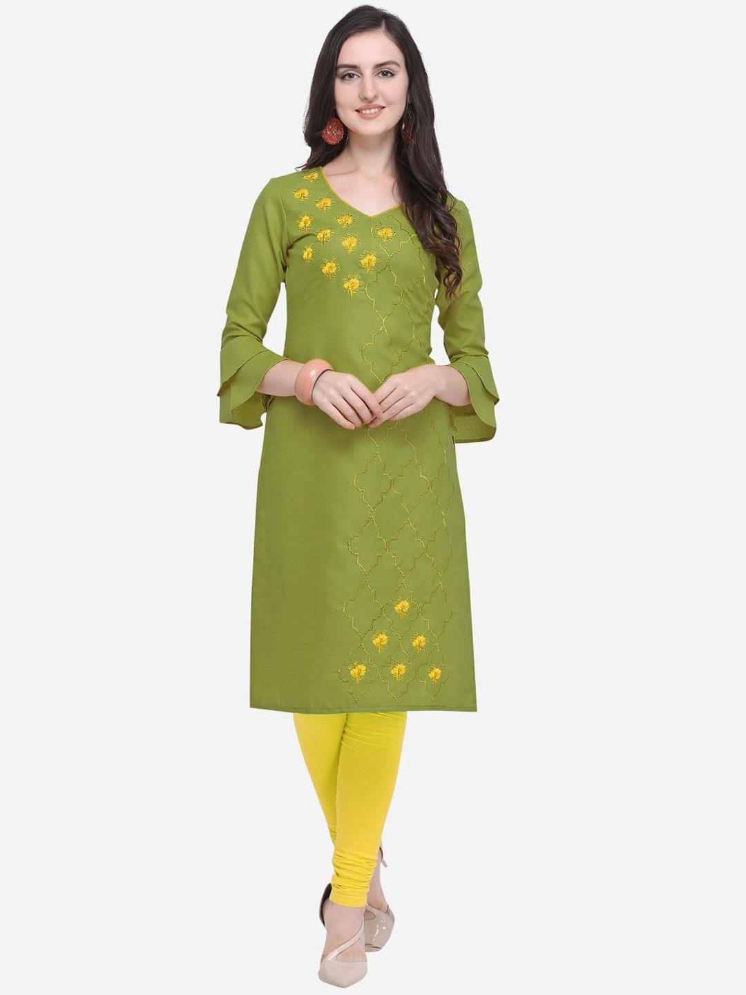 

KALINI Women Green & Yellow Floral Embroidered Flared Sleeves Kurta