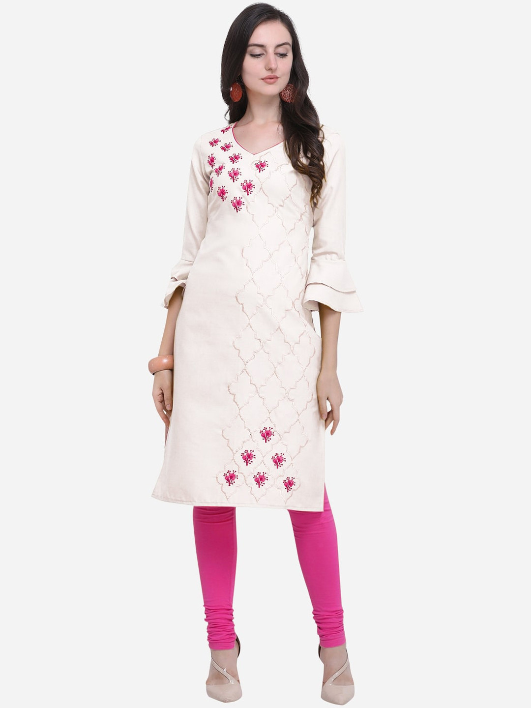 

KALINI Women Off White & Pink Ethnic Motifs Embroidered Thread Work Kurta